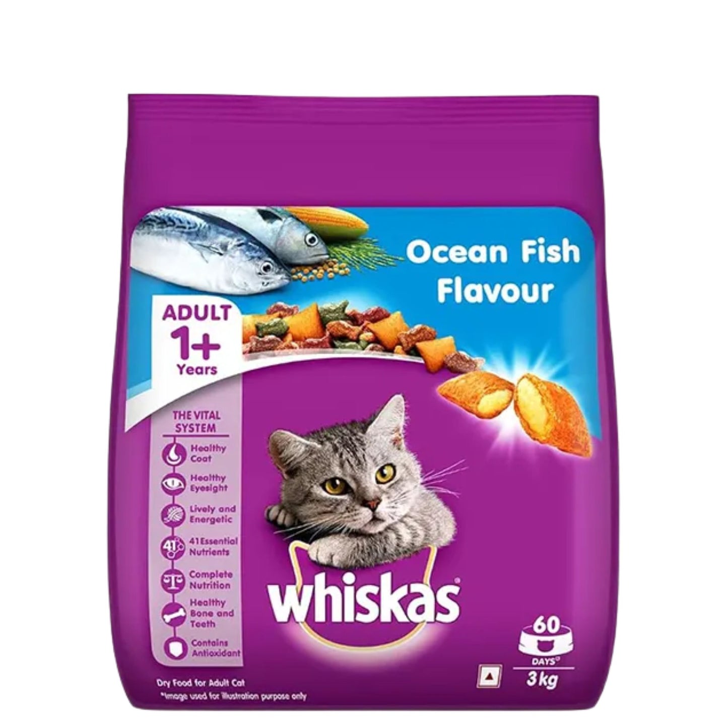 Whiskas Adult (+1 year) Dry Cat Food, Ocean Fish Flavour - 3kg